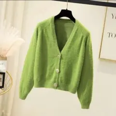 トップス レディース モヘア ニット カーディガン ショート丈　グリーン