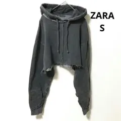 ZARA クロップドパーカー グレー S ダメージ加工