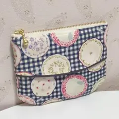 ネイビーのディッシュウェアギンガム　ティッシュケース ミニポーチ　ハンドメイド
