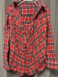 one way  襟ラインストーン付き　シワ加工　赤チェックシャツ　M
