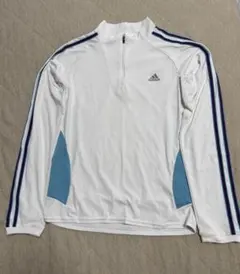 adidas ハーフジップ ロングスリーブ 長袖 トップス 白 水色 L シミ有