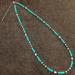 ターコイズ オフホワイト ビーズネックレス 40cm−45cm 3mmビーズ