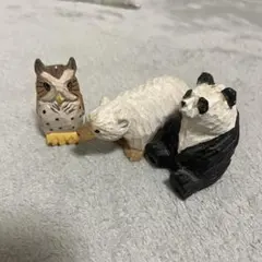 手作り 木彫り アニマル 動物 パンダ フクロウ ホッキョクグマ 3点セット