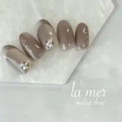 【10本セット】大人上品｜シアーグレージュのビジューフレンチ｜サイズオーダー制