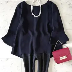 極美品＊アンタイトル クルーネックブラウス 44 大きいサイズ 濃紺 とろみ素材