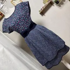 美品　MISS ASHIDA ドット柄 半袖 ひざ丈ワンピース ネイビー リボンのサムネイル
