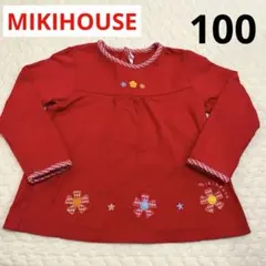 ミキハウス 赤 長袖Tシャツ 花柄　チェック　100