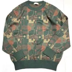 90s ウールカシミヤ 総柄ニット デザインニット グリーン 菅田将暉 古着