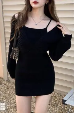 オフショルダーリブ編みワンピース ブラック