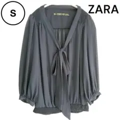 中古【ZARA TRF】ザラ ボウタイ シアーシャツ 5分袖 ネイビー Sサイズ