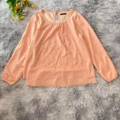 ブラウス　【L】　薄オレンジ　長袖　スカラップ　パールビジュー　プルオーバー