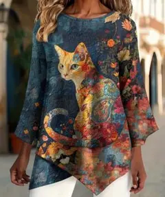 猫柄 花柄 チュニック アートプリント 七分袖 マルチカラー　3XL