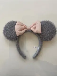 ミッキー風カチューシャ グレー ピンクリボン
