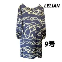 LELIANチュニック膝丈ワンピース　ネイビー　チェーンとベルト柄　七分袖　9号のサムネイル