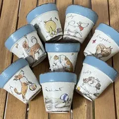67 ハンドメイド リメイク鉢 8個 犬 ブルー 植木鉢 多肉植物 サボテン