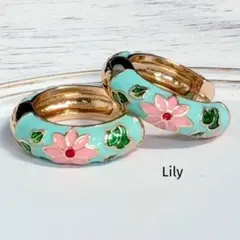 ✨ レトロ ミントグリーン ピンク 花 フープ ピアス ヴィンテージ エレガント