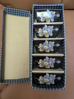 小鉢 5客セット 黒釉 花柄 角鉢 昭和レトロ