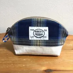 ラウンドポーチ(インディゴブルーチェック) ハンドメイドポーチ