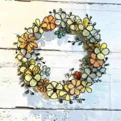 ワイヤークラフト　ワイヤーアート　ビオラと小花のお花いっぱいつる風リース