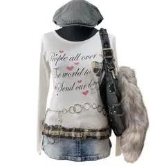 リズリサ系 Y2K チェックフリル ロゴT ピチT 平成ギャル リボン 平成女児