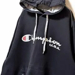 チャンピオンChampion ロゴ スウェットパーカー ブラック黒XL古着USA