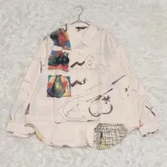 総柄シャツ ブラウス 長袖 ゆったり 個性派 レトロ 日本製 薄ピンクa9539