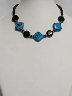 新作9月【天然石大粒ターコイズ、オニキス一連ネックレス】オリジナルハンドメイド