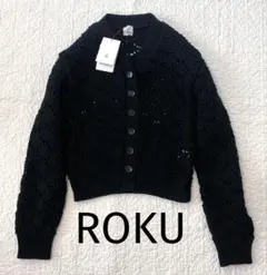 ROKU スカシ Vネック カーディガン　アローズ　ブラック