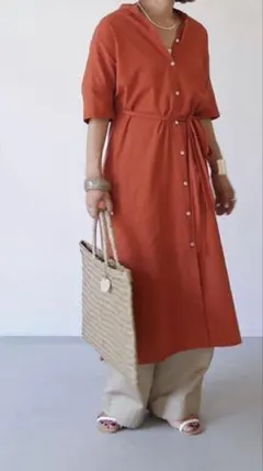 値下げKURASUKOTO リネンワンピース コーラルオレンジ 短時間着用 美品