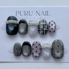 507現品◾️ハート×マグネット️×フレンチ×グレー×パープル×個性派◾️ネイルチップ