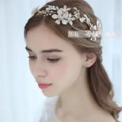 フラワーヘッドドレス ゴールド結婚式ヘアアクセサリーウェディングブライダルローズ