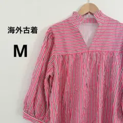 ピンク　白　ストライプ ハイネックシャツ　レディース　トップス　海外古着　M