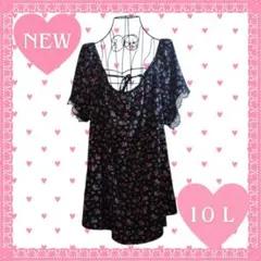 【No.12】小花柄トップス：10L 大きいサイズ　黒系