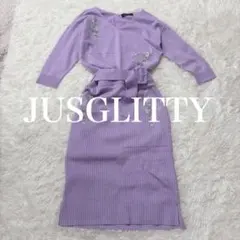 【美品】JUSGLITTY ニットワンピース 花刺繍 春夏 切り替え ベルト付
