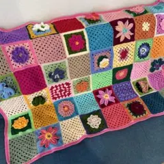 ハンドメイド 毛糸編み 立体花モチーフ マルチカバー ブランケット