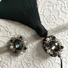 再販 帯留め＆根付セット オーバル ブラックストーン×パール 黒 タッセル