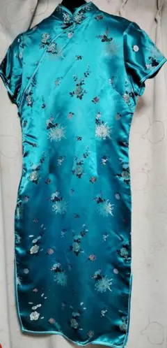 匿名配送　クリーニングタグ付　訳有サイズ36 S　チャイナ服　ターコイズブルー