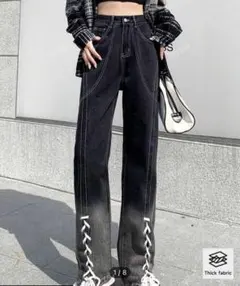 ブラック レースアップ ワイドレッグパンツ　デニム