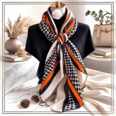 【新品】ロンスカーフ 格子柄 チェク柄　お洒落 スリムスカーフ オレンジ s
