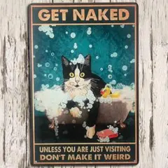 ブリキ看板 お風呂 猫 ねこ ハチワレ アメリカン雑貨 おしゃれ壁装飾DIY