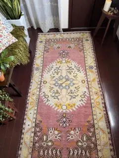 マゼンタピンク パープル 104×60 トルコヴィンテージラグ メダリオン