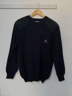 90s Burberry バーバリー　ネイビー ウール スエードパッチ ニットのサムネイル