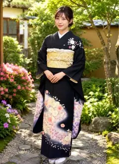 振袖フルセット◇黒◇花柄◇成人式◇裄64.5◇正絹◇草履バックセット 