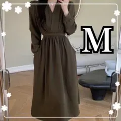 レディース　ミモレ丈ワンピース　Vネック　ロングワンピース　ブラウン　Ｍ