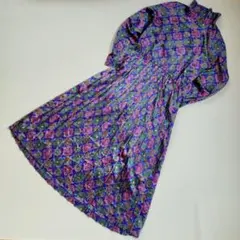 レトロ ワンピース ロング丈 総柄 プリーツ Aライン 変形襟 ウエストゴム