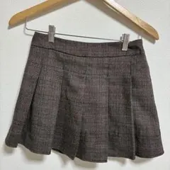 チェック柄プリーツスカート S相当 ブラウン ミニ丈 スカパン インナーパンツ付