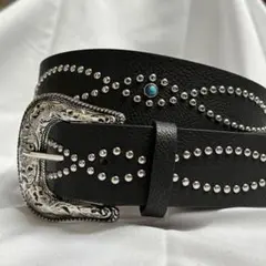 黒 レザー スタッズベルト ターコイズ y2kユニセックス ウエスタンベルト