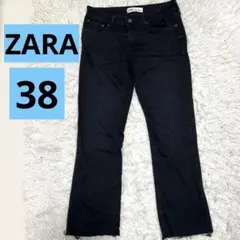 ZARA ブラック ストレートデニム裾ダメージ加工38 股上浅