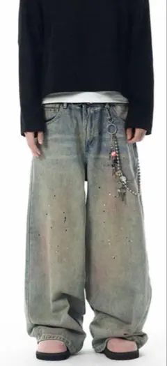パンツ menes JHYQ Dirty Mid Blue Baggy Jeans XL Menes デニム JHYQ Dirty Mid Blue Baggy Jeans – MENES