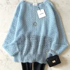 タグ付未使用♪アダワス モヘヤ混透かし編みニット F ブルー 長袖 クルーネック